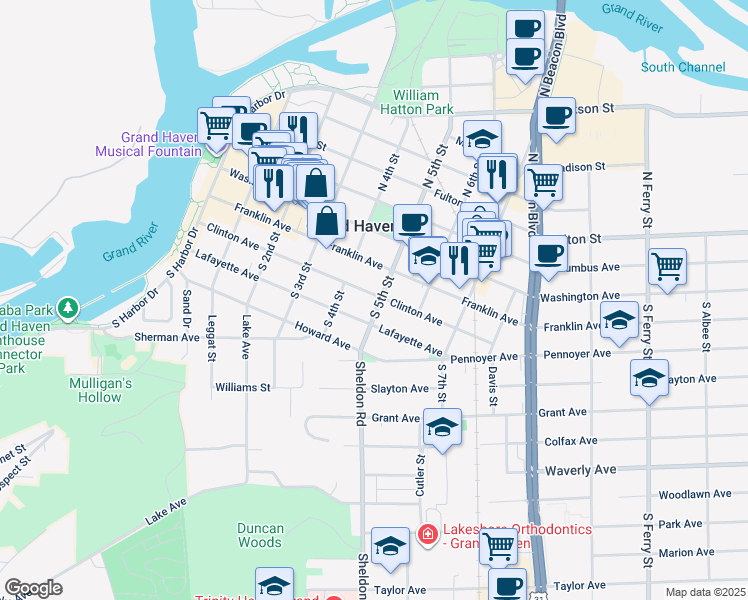 map of restaurants, bars, coffee shops, grocery stores, and more near 209 South 5th Street in Grand Haven