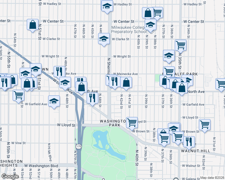 map of restaurants, bars, coffee shops, grocery stores, and more near 4242 West North Avenue in Milwaukee