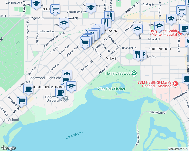 map of restaurants, bars, coffee shops, grocery stores, and more near 1111 Lincoln Street in Madison