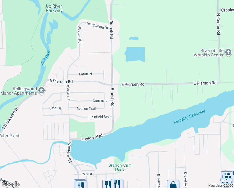 map of restaurants, bars, coffee shops, grocery stores, and more near G3484 Branch Road in Flint