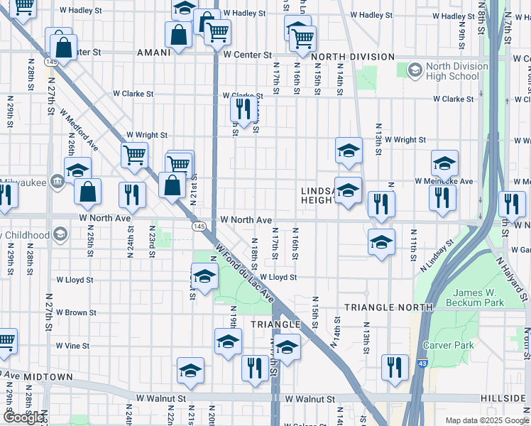 map of restaurants, bars, coffee shops, grocery stores, and more near 1730 West North Avenue in Milwaukee