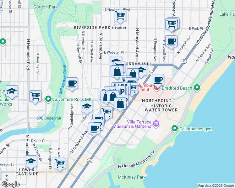 map of restaurants, bars, coffee shops, grocery stores, and more near 2325 North Murray Avenue in Milwaukee
