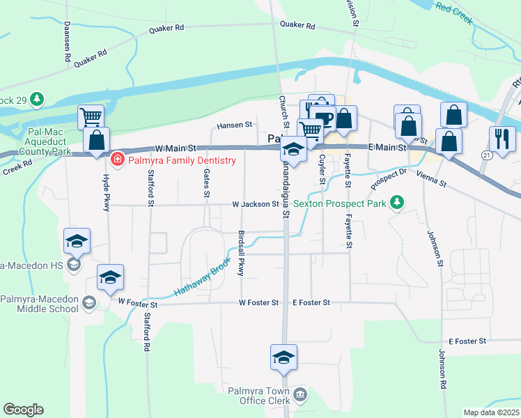 map of restaurants, bars, coffee shops, grocery stores, and more near 130 West Jackson Street in Palmyra