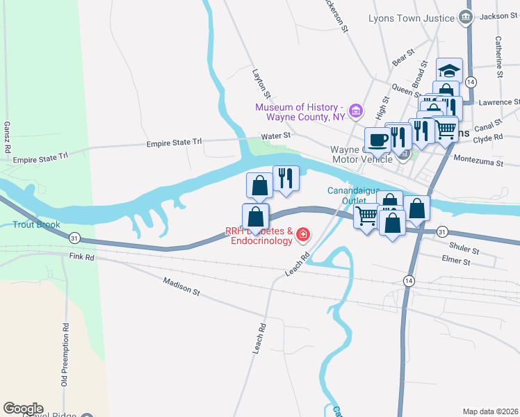 map of restaurants, bars, coffee shops, grocery stores, and more near 27 New York 31 in Lyons