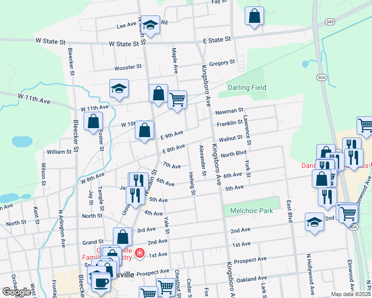 map of restaurants, bars, coffee shops, grocery stores, and more near 80 Helwig Street in Gloversville