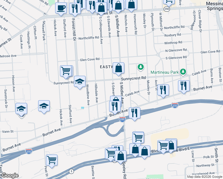 map of restaurants, bars, coffee shops, grocery stores, and more near 443 South Edwards Avenue in Syracuse