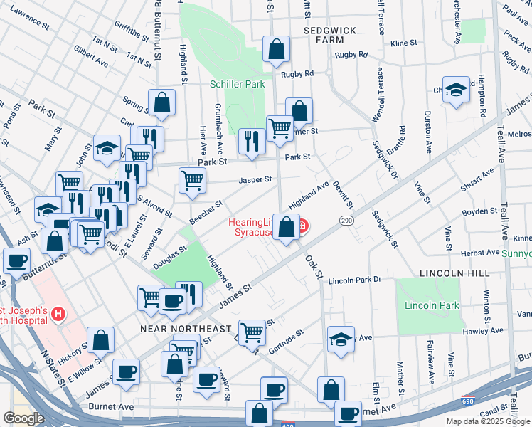 map of restaurants, bars, coffee shops, grocery stores, and more near 209 Highland Avenue in Syracuse