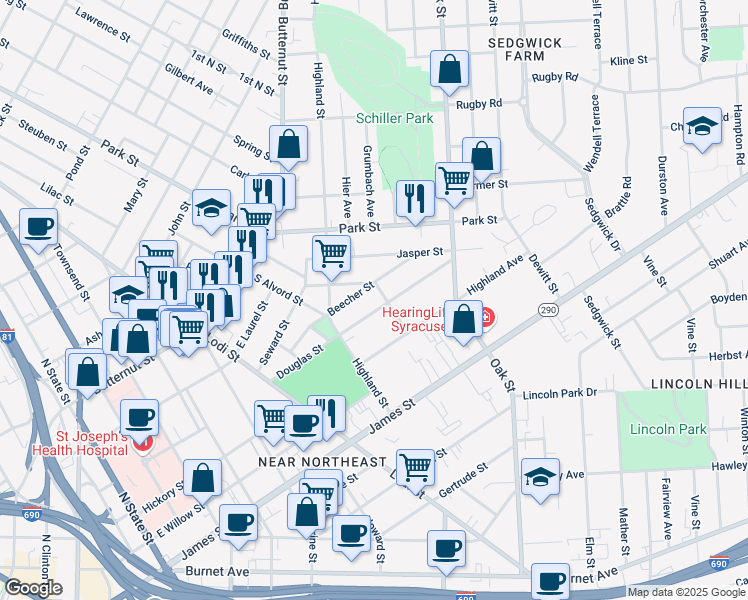 map of restaurants, bars, coffee shops, grocery stores, and more near 216 Beecher Street in Syracuse