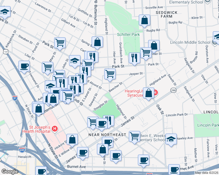 map of restaurants, bars, coffee shops, grocery stores, and more near in Syracuse