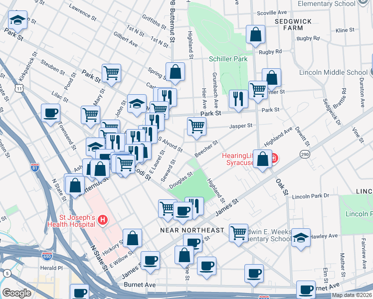 map of restaurants, bars, coffee shops, grocery stores, and more near in Syracuse
