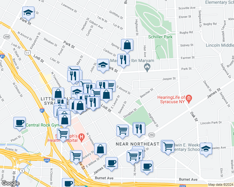 map of restaurants, bars, coffee shops, grocery stores, and more near 729 East Laurel Street in Syracuse