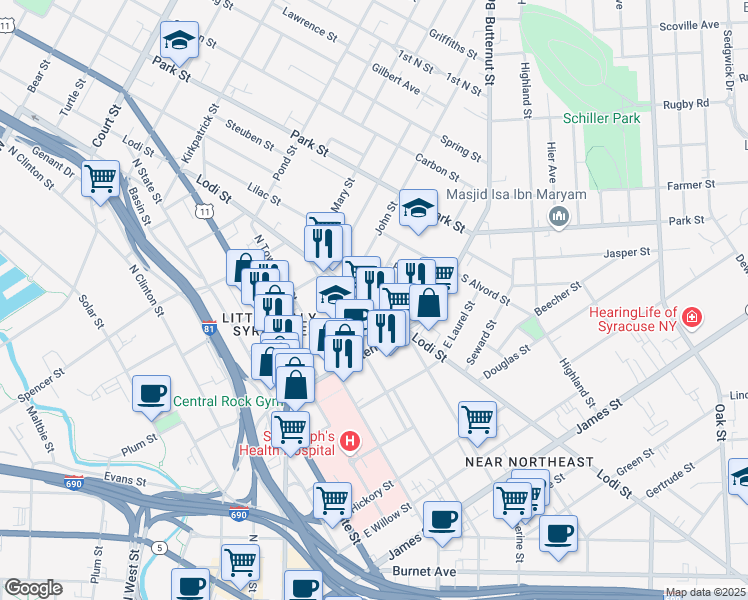 map of restaurants, bars, coffee shops, grocery stores, and more near 412 Ash Street in Syracuse