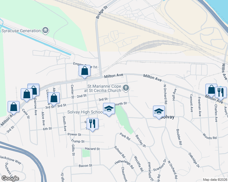 map of restaurants, bars, coffee shops, grocery stores, and more near 205 2nd Street in Syracuse