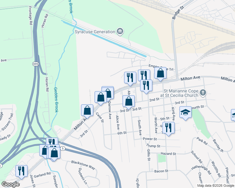 map of restaurants, bars, coffee shops, grocery stores, and more near 2833 Milton Avenue in Syracuse