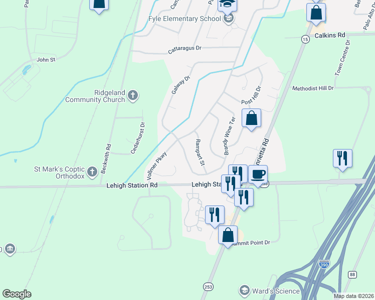 map of restaurants, bars, coffee shops, grocery stores, and more near 166 Brandy Wine Terrace South in Rochester