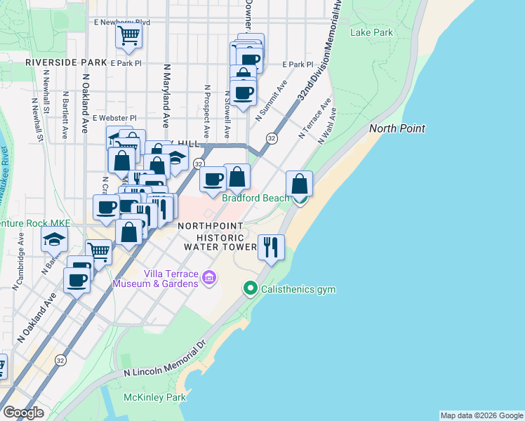 map of restaurants, bars, coffee shops, grocery stores, and more near 2344 North Terrace Avenue in Milwaukee