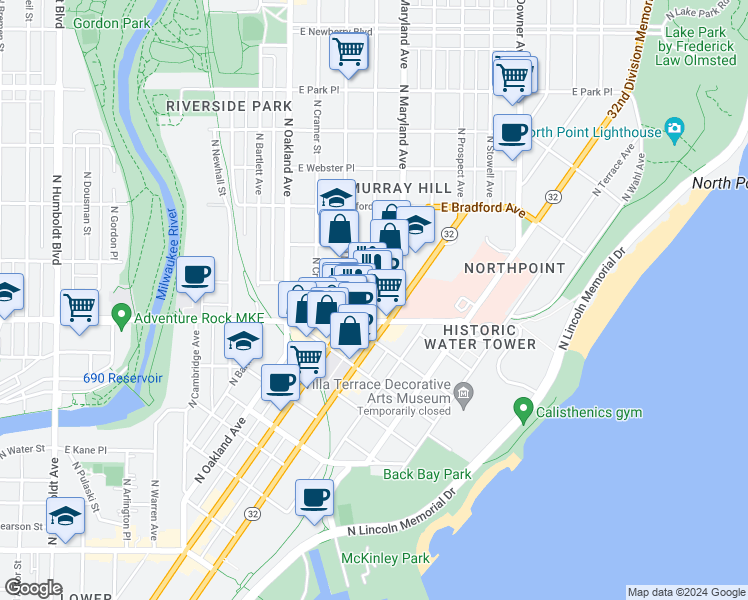 map of restaurants, bars, coffee shops, grocery stores, and more near 2338 North Farwell Avenue in Milwaukee