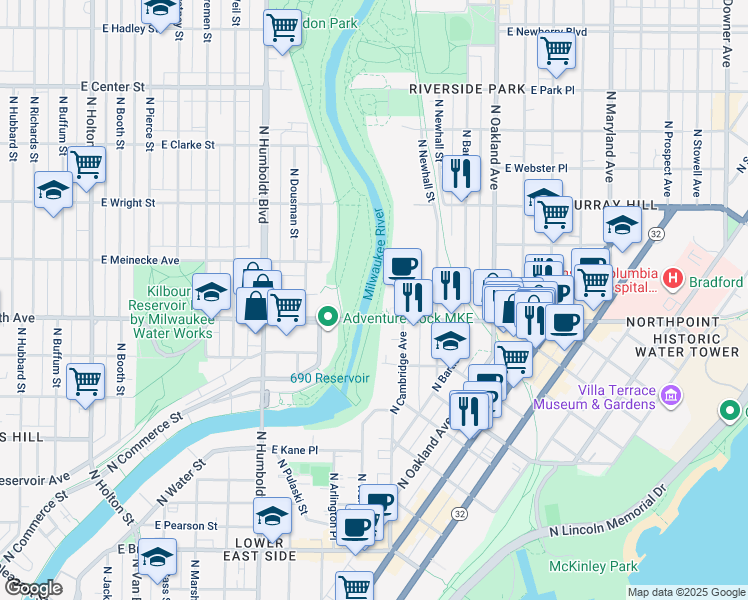 map of restaurants, bars, coffee shops, grocery stores, and more near 1438 East North Avenue in Milwaukee