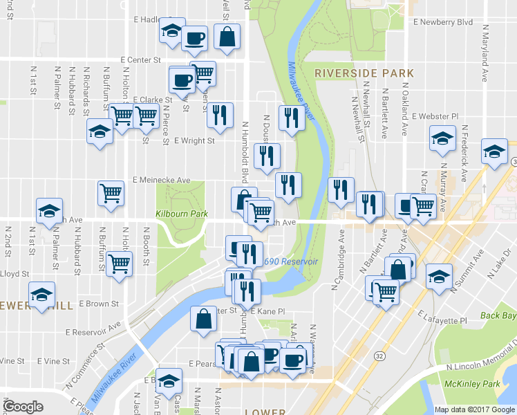 map of restaurants, bars, coffee shops, grocery stores, and more near in Milwaukee
