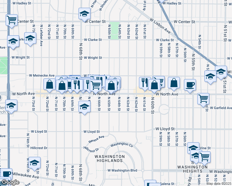 map of restaurants, bars, coffee shops, grocery stores, and more near in Wauwatosa