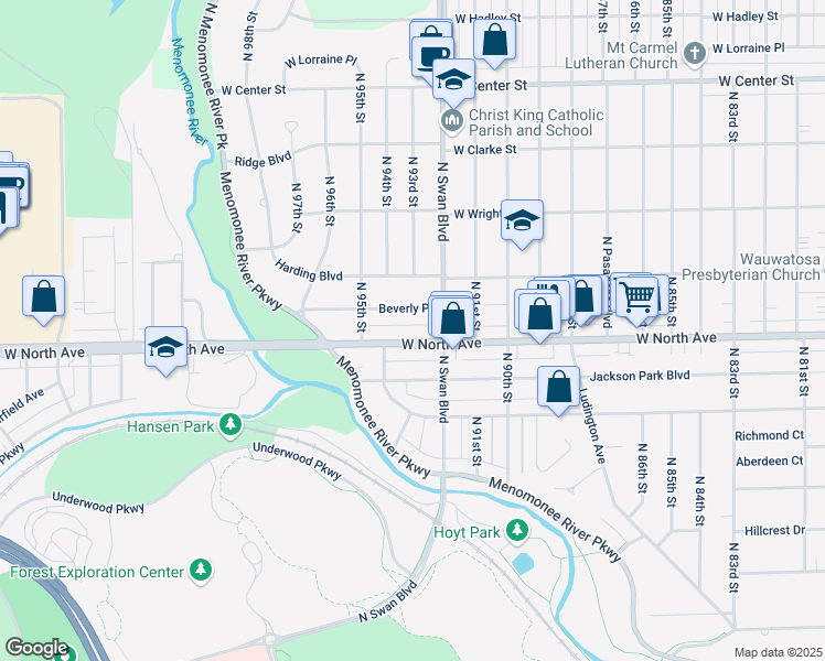 map of restaurants, bars, coffee shops, grocery stores, and more near 9311 West North Avenue in Wauwatosa