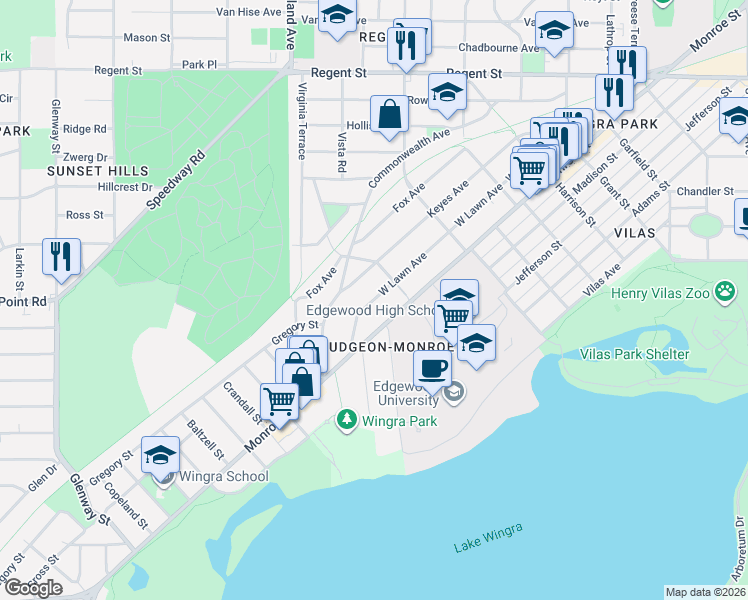 map of restaurants, bars, coffee shops, grocery stores, and more near 2335 West Lawn Avenue in Madison