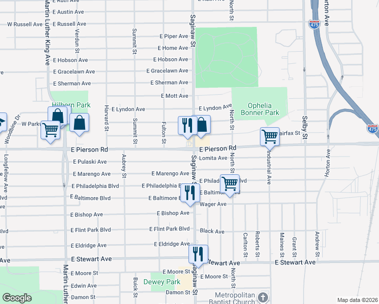 map of restaurants, bars, coffee shops, grocery stores, and more near 5111 Saginaw Street in Flint