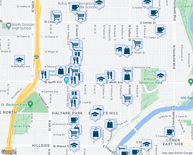 map of restaurants, bars, coffee shops, grocery stores, and more near 2322 North 1st Street in Milwaukee