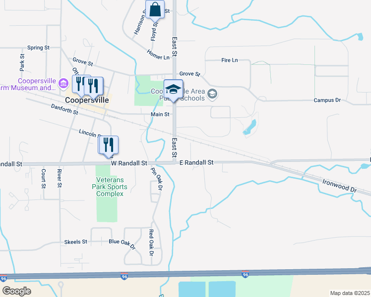 map of restaurants, bars, coffee shops, grocery stores, and more near 27 Bennett Street in Coopersville