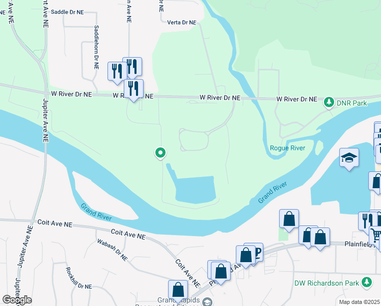 map of restaurants, bars, coffee shops, grocery stores, and more near 6392 West River Drive Northeast in Plainfield charter Township