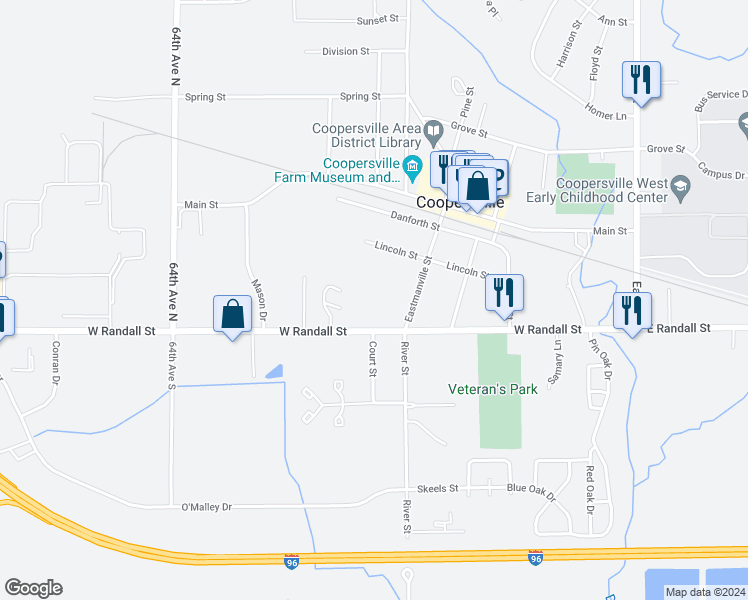 map of restaurants, bars, coffee shops, grocery stores, and more near 423 West Randall Street in Coopersville