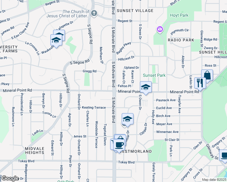 map of restaurants, bars, coffee shops, grocery stores, and more near Mineral Point Road & South Midvale Boulevard in Madison