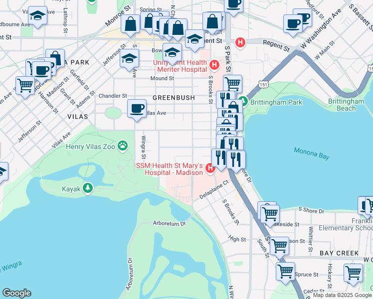 map of restaurants, bars, coffee shops, grocery stores, and more near 1111 Emerald Street in Madison