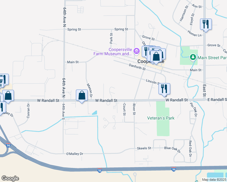 map of restaurants, bars, coffee shops, grocery stores, and more near 531 West Randall Street in Coopersville