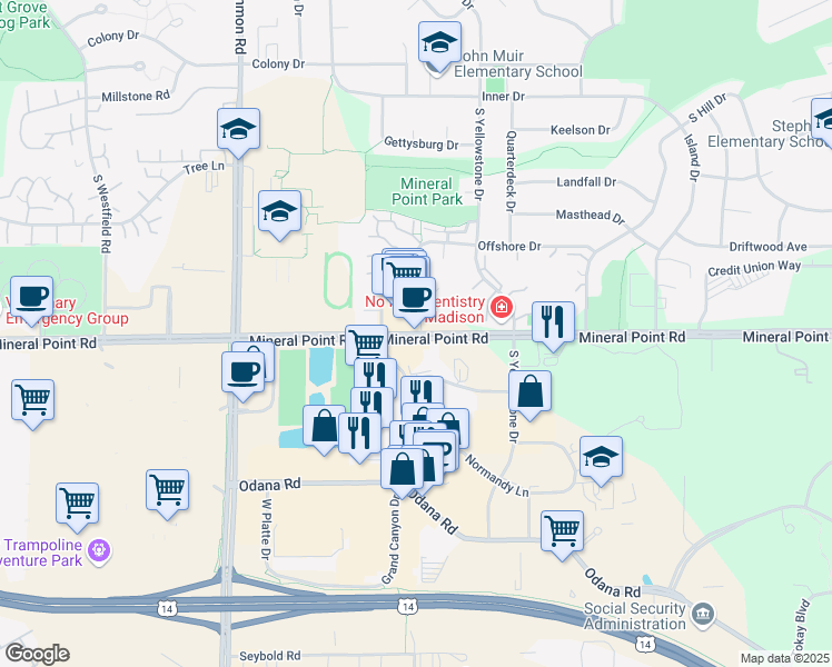 map of restaurants, bars, coffee shops, grocery stores, and more near 6608 Mineral Point Road in Madison