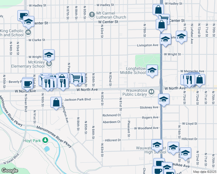 map of restaurants, bars, coffee shops, grocery stores, and more near 8204 West North Avenue in Wauwatosa