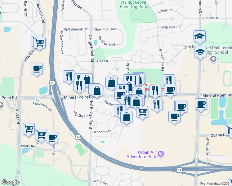 map of restaurants, bars, coffee shops, grocery stores, and more near 7601-7699 Mineral Point Rd in Madison