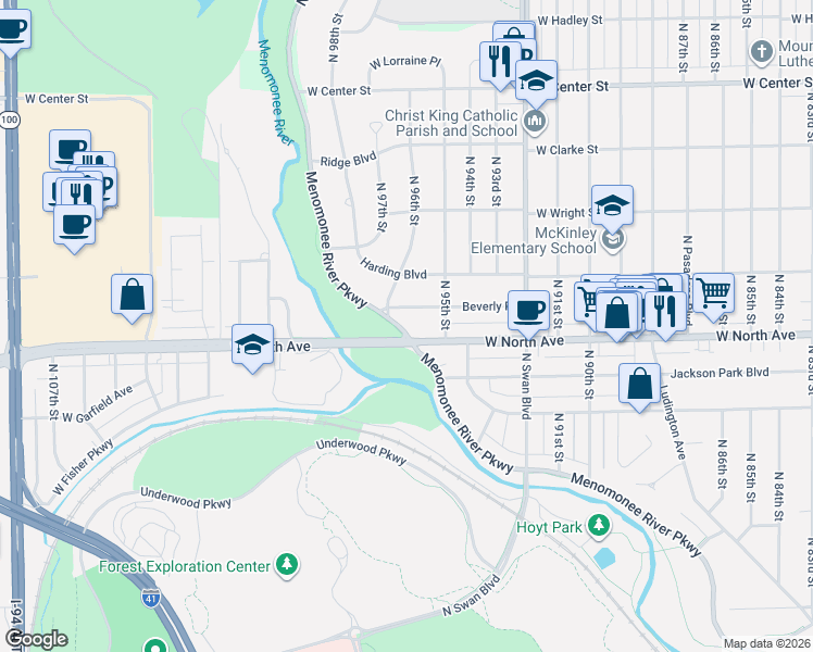 map of restaurants, bars, coffee shops, grocery stores, and more near in Wauwatosa