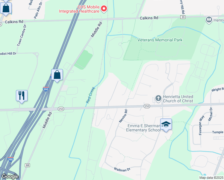 map of restaurants, bars, coffee shops, grocery stores, and more near 1260 Lehigh Station Road in Henrietta