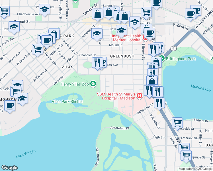 map of restaurants, bars, coffee shops, grocery stores, and more near 1315 Hoven Court in Madison