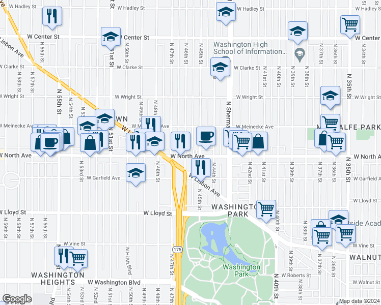 map of restaurants, bars, coffee shops, grocery stores, and more near 4520 West North Avenue in Milwaukee