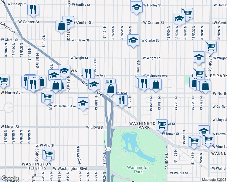 map of restaurants, bars, coffee shops, grocery stores, and more near 4509 West North Avenue in Milwaukee