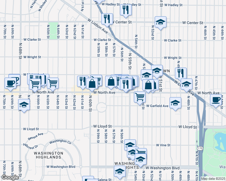 map of restaurants, bars, coffee shops, grocery stores, and more near 2305 North 57th Street in Milwaukee