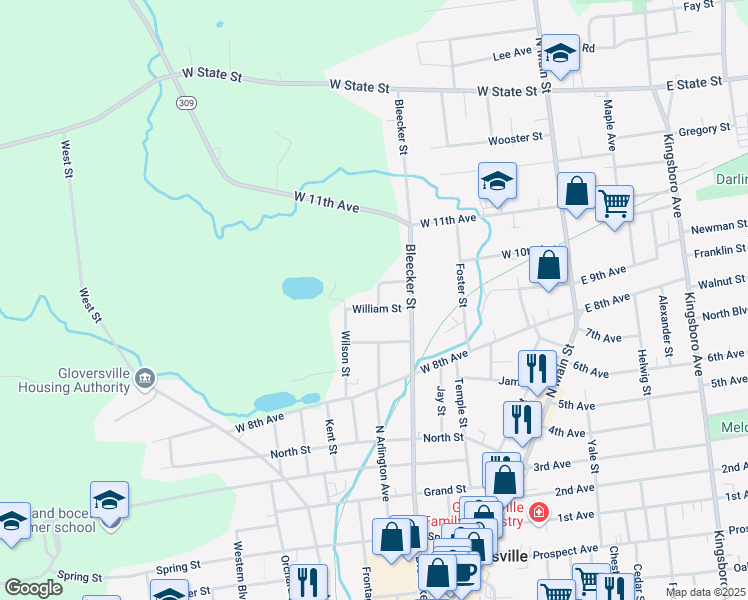 map of restaurants, bars, coffee shops, grocery stores, and more near 29 William Street in Gloversville