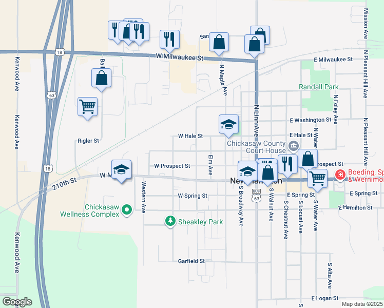 map of restaurants, bars, coffee shops, grocery stores, and more near 601-699 W Prospect St in New Hampton