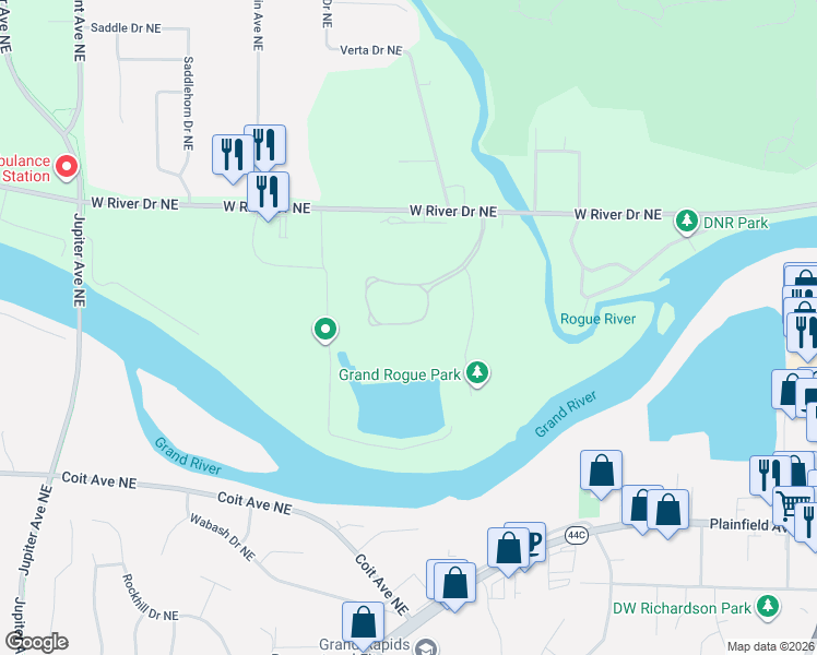 map of restaurants, bars, coffee shops, grocery stores, and more near Hyser Museum Drive Northeast in Plainfield Township