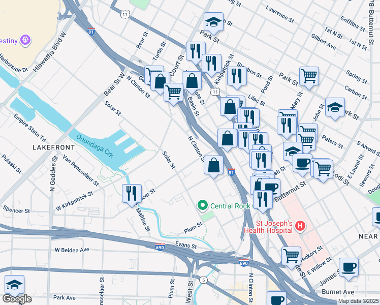 map of restaurants, bars, coffee shops, grocery stores, and more near 128 Spencer Street in Syracuse