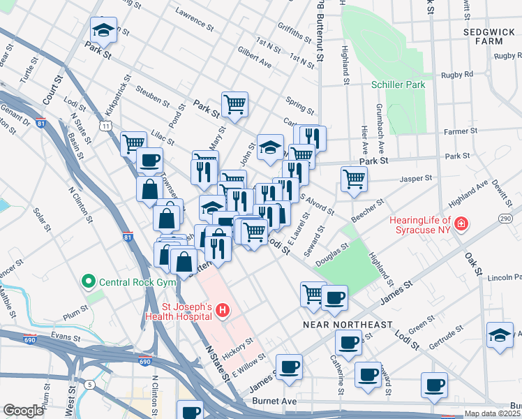 map of restaurants, bars, coffee shops, grocery stores, and more near 114 Josephine Street in Syracuse