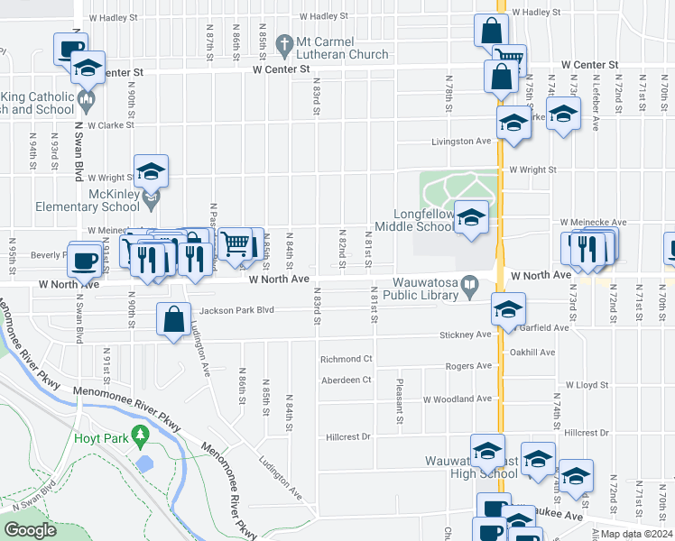 map of restaurants, bars, coffee shops, grocery stores, and more near 8204 West North Avenue in Milwaukee