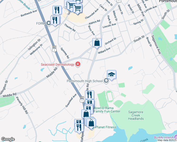 map of restaurants, bars, coffee shops, grocery stores, and more near 91 Hillside Drive in Portsmouth